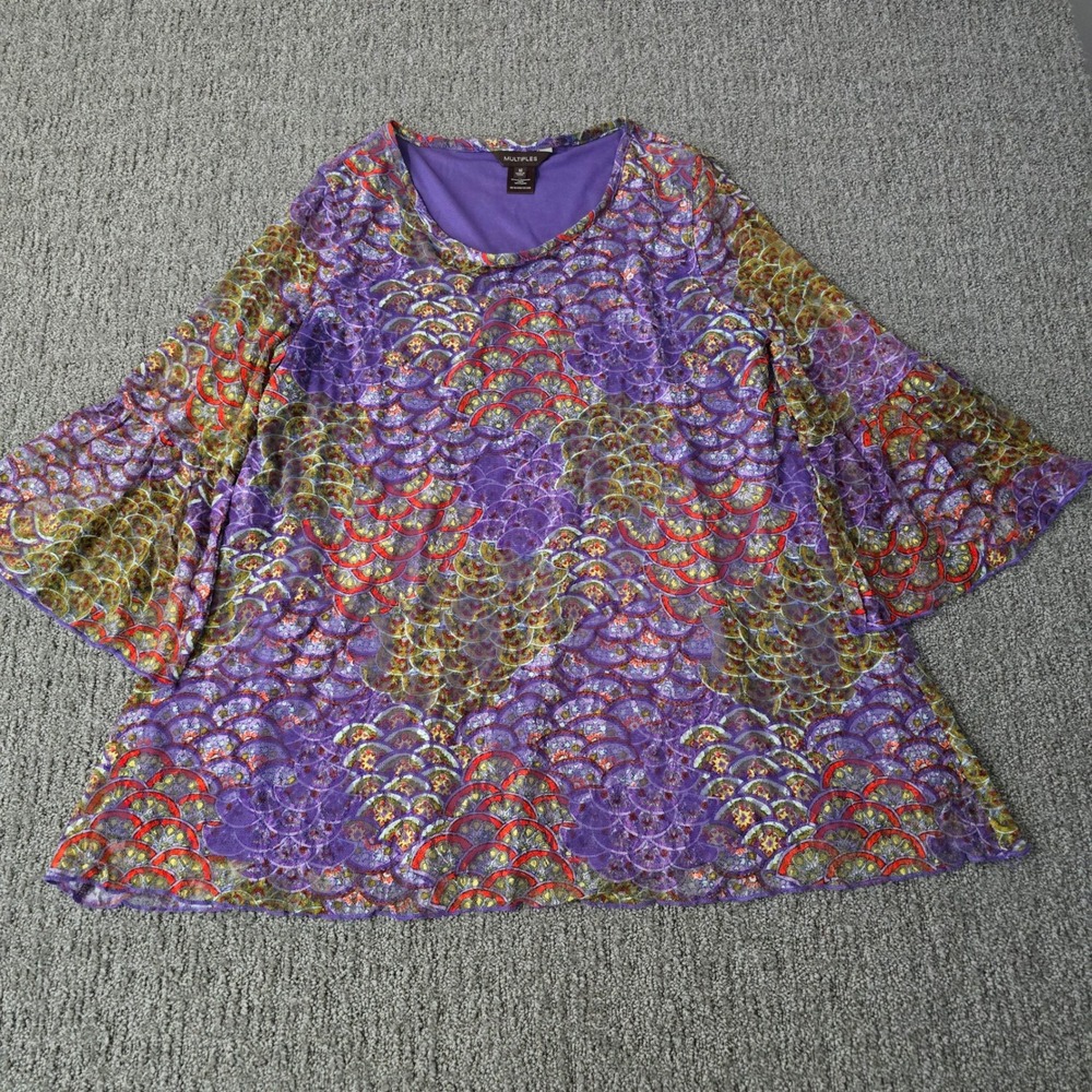 Multiples Medium Paisley Tunic Purple Mesh Bell Sleeve Artsy Bohemian